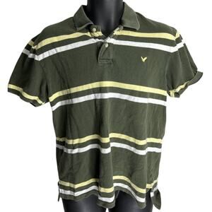 American Eagle Polo Shirt Size L Green Yellow Striped Short Sleeve Cotton Y2K